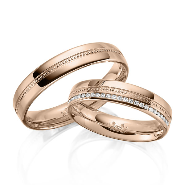 Set Klassieke Memoire-trouwringen in roodgoud 14 kt. half gezet met in totaal 0,14 ct. Briljant tw/si van Steinberg