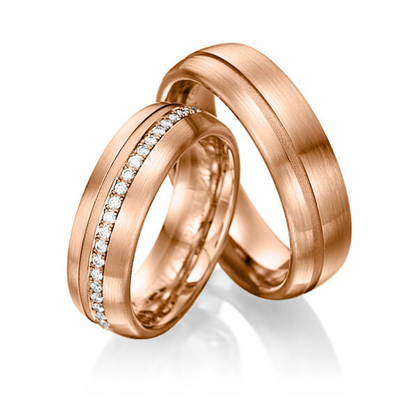 Set Klassieke Memoire-trouwringen in roodgoud 14 kt. half gezet met in totaal 0,176 ct. Briljant tw/si van Eternal Touch