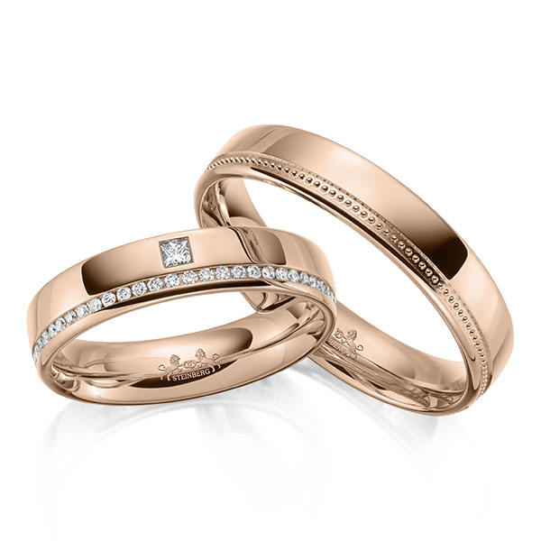 Set klassieke Memoire-trouwringen in roodgoud 14 kt. half gezet met in totaal 0,17 ct. Briljant & Princess-Diamant tw/si van Steinberg