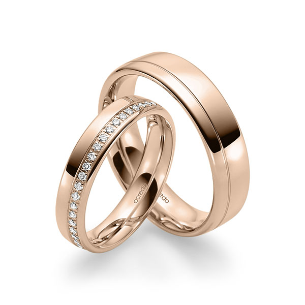 Set klassieke Memoire-trouwringen in roodgoud 14 kt. half gezet met in totaal 0,184 ct. Briljant tw/si van acredo - A-1689-4