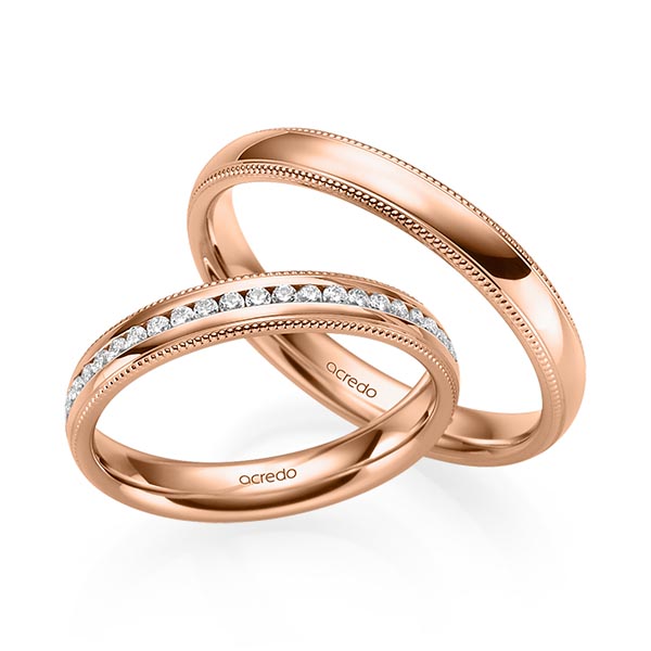 Set Klassieke Memoire-trouwringen in roodgoud 14 kt. half gezet met in totaal 0,192 ct. Briljant tw/si van acredo