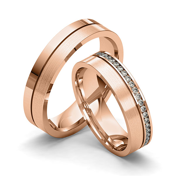 Set Klassieke Memoire-trouwringen in roodgoud 14 kt. half gezet met in totaal 0,22 ct. Briljant tw/si van Merii - M-1275-2