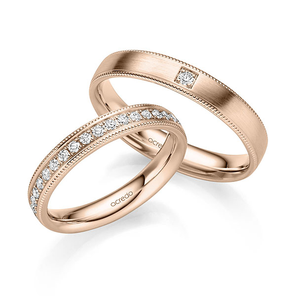 Set Klassieke Memoire-trouwringen in roodgoud 14 kt. half gezet met in totaal 0,31 ct. Briljant tw/si van acredo