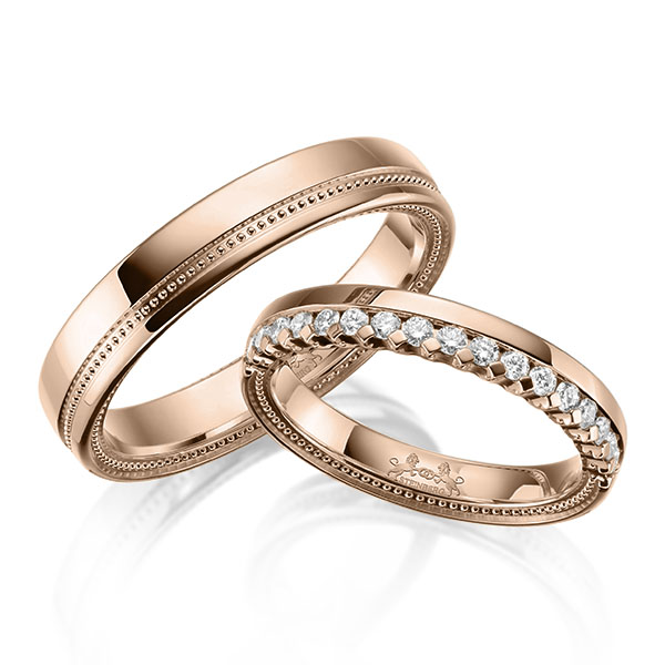 Set Klassieke Memoire-trouwringen in roodgoud 14 kt. half gezet met in totaal 0,34 ct. Briljant tw/si van Steinberg