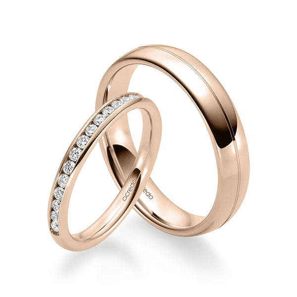 Set klassieke Memoire-trouwringen in roodgoud 14 kt. half gezet met in totaal 0,36 ct. Briljant tw/si van acredo - A-1682-4