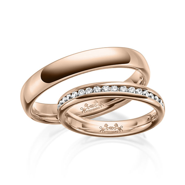 Set klassieke Memoire-trouwringen in roodgoud 14 kt. half gezet met in totaal 0,3 ct. Briljant tw/si van Steinberg
