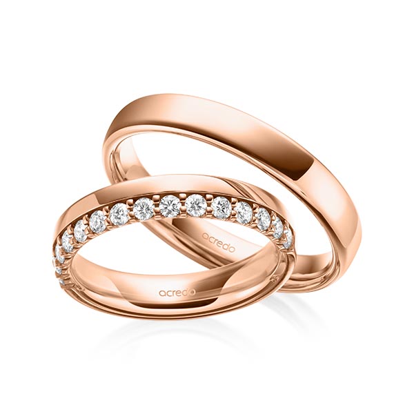 Set klassieke Memoire-trouwringen in roodgoud 14 kt. half gezet met in totaal 0,42 ct. tw/si van acredo - A-2111-1 Set klassieke Memoire-trouwringen in roodgoud 14 kt. half gezet met in totaal 0,42 ct. tw/si van acredo - A-2111-1