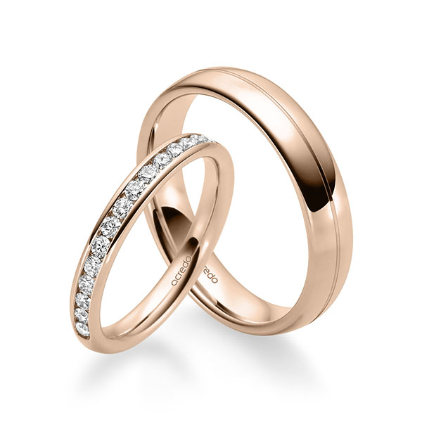Set Klassieke Memoire-trouwringen in roodgoud 14 kt. half gezet met in totaal 0,48 ct. Briljant tw/si van acredo - A-2324-5 Set Klassieke Memoire-trouwringen in roodgoud 14 kt. half gezet met in totaal 0,48 ct. Briljant tw/si van acredo - A-2324-5