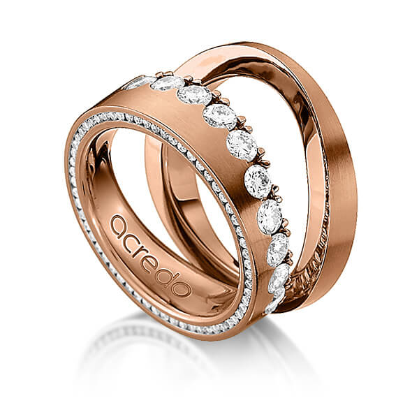 Set klassieke Memoire-trouwringen in roodgoud 14 kt. half gezet met in totaal 1,385 ct. Briljant tw/si van acredo