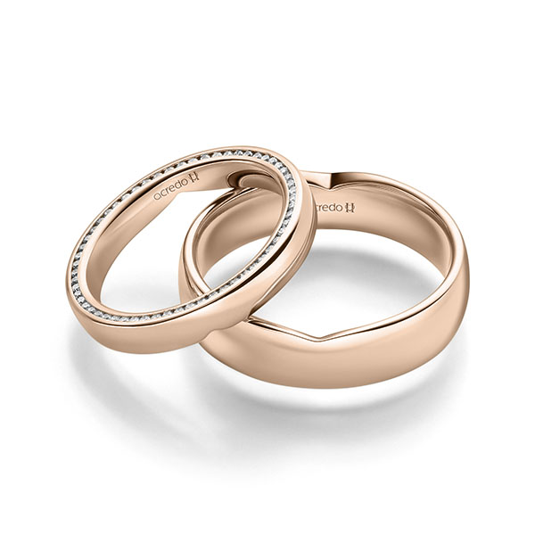 Set Klassieke Memoire-trouwringen in roodgoud 14 kt. volledig gezet met in totaal 0,27 ct. Briljant tw/si van acredo
