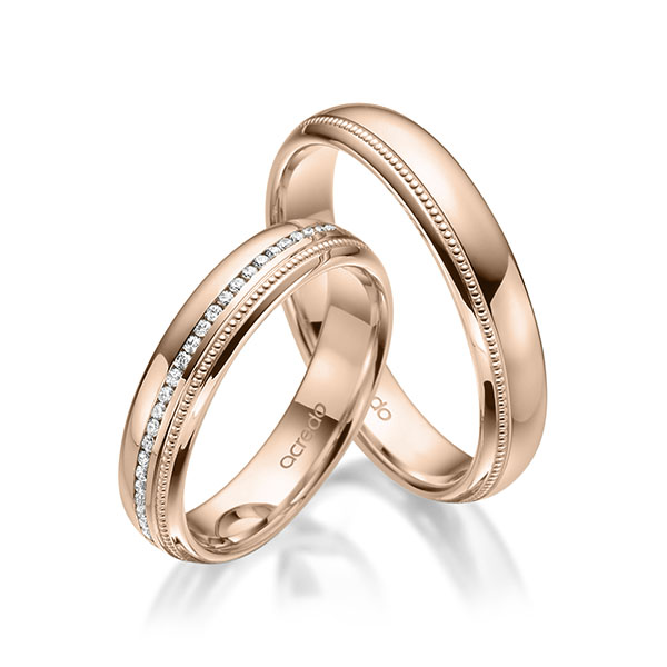 Set Klassieke Memoire-trouwringen in roodgoud 14 kt. volledig gezet met in totaal 0,285 ct. Briljant tw/si van acredo