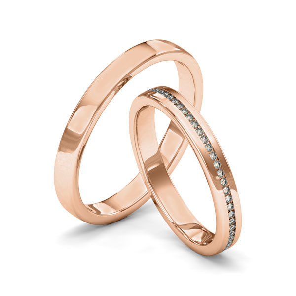 Set klassieke Memoire-trouwringen in roodgoud 14 kt. volledig gezet met in totaal 0,29 ct. Briljant tw/si van Merii