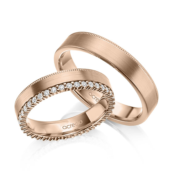 Set Klassieke Memoire-trouwringen in roodgoud 14 kt. volledig gezet met in totaal 0,39 ct. tw/si van acredo