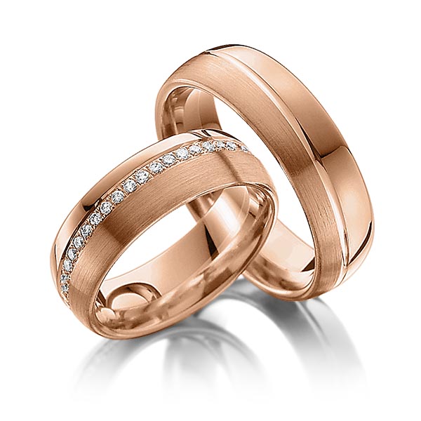 Set Klassieke Memoire-trouwringen in roodgoud 14 kt. volledig gezet met in totaal 0,43 ct. Briljant tw/si van Steinberg