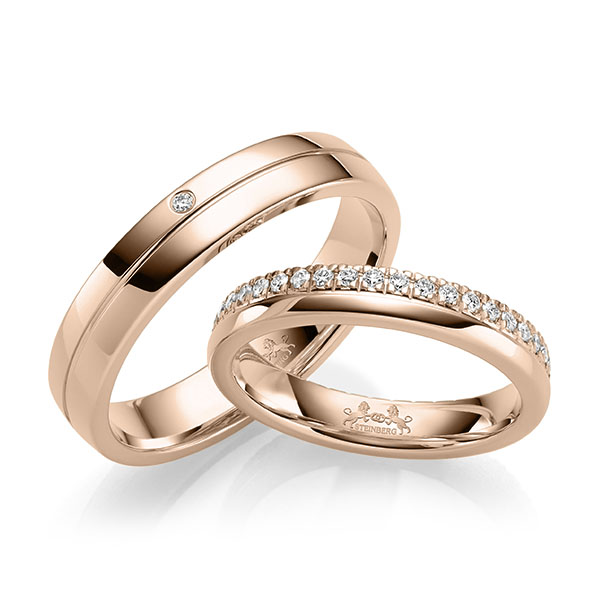 Set Klassieke Memoire-trouwringen in roodgoud 14 kt. volledig gezet met in totaal 0,44 ct. Briljant tw/si van Steinberg