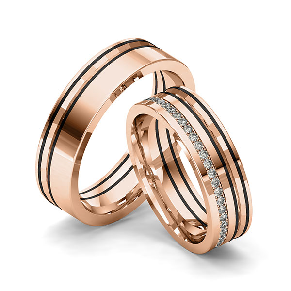 Set Klassieke Memoire-trouwringen in roodgoud 14 kt. volledig gezet met in totaal 0,45 ct. Briljant tw/if van Merii