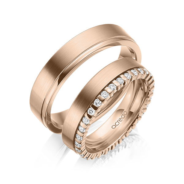 Set Klassieke Memoire-trouwringen in roodgoud 14 kt. volledig gezet met in totaal 0,465 ct. tw/si van acredo