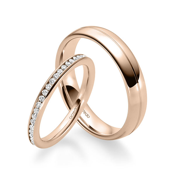 Set klassieke Memoire-trouwringen in roodgoud 14 kt. volledig gezet met in totaal 0,46 ct. Briljant tw/si van acredo - A-1681-3