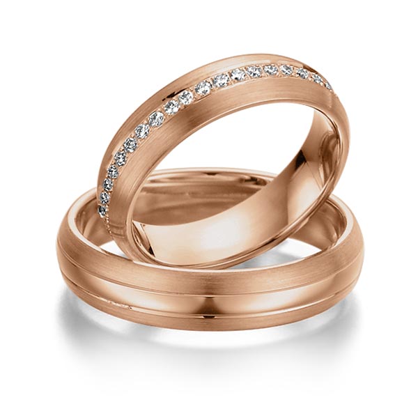 Set Klassieke Memoire-trouwringen in roodgoud 14 kt. volledig gezet met in totaal 0,46 ct. Briljant tw/si van Steinberg - Q-1072-4 Set Klassieke Memoire-trouwringen in roodgoud 14 kt. volledig gezet met in totaal 0,46 ct. Briljant tw/si van Steinberg - Q-1072-4