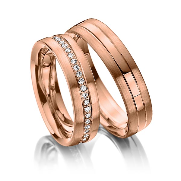 Set Klassieke Memoire-trouwringen in roodgoud 14 kt. volledig gezet met in totaal 0,48 ct. Briljant tw/si van Steinberg