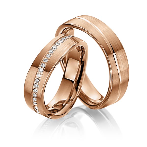 Set Klassieke Memoire-trouwringen in roodgoud 14 kt. volledig gezet met in totaal 0,48 ct. Briljant tw/si van Steinberg