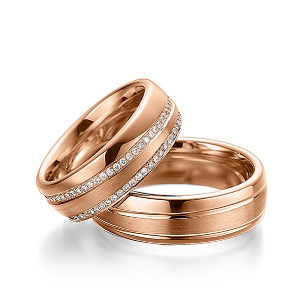 Set Klassieke Memoire-trouwringen in roodgoud 14 kt. volledig gezet met in totaal 0,61 ct. Briljant tw/si van Steinberg
