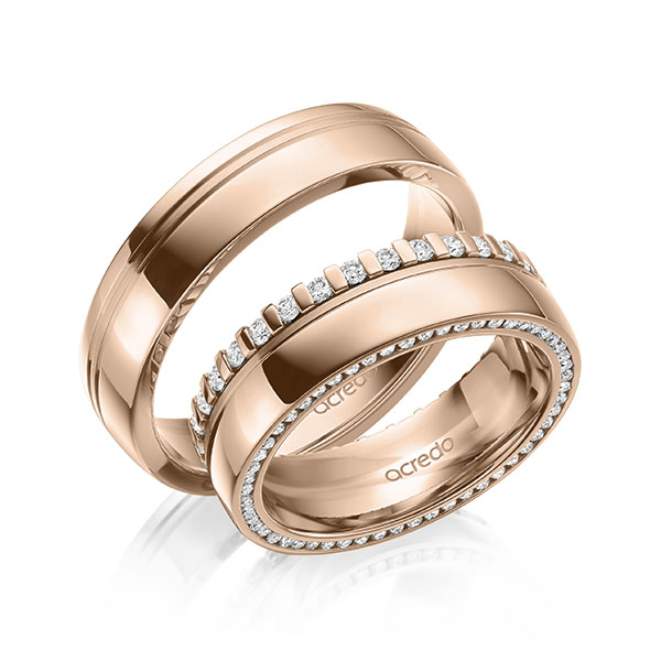 Set Klassieke Memoire-trouwringen in roodgoud 14 kt. volledig gezet met in totaal 0,765 ct. Briljant tw/si van acredo