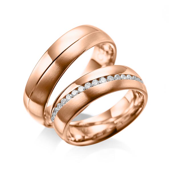 Set Klassieke Memoire-trouwringen in roodgoud 14 kt. volledig gezet met in totaal 0,76 ct. Briljant tw/si van acredo