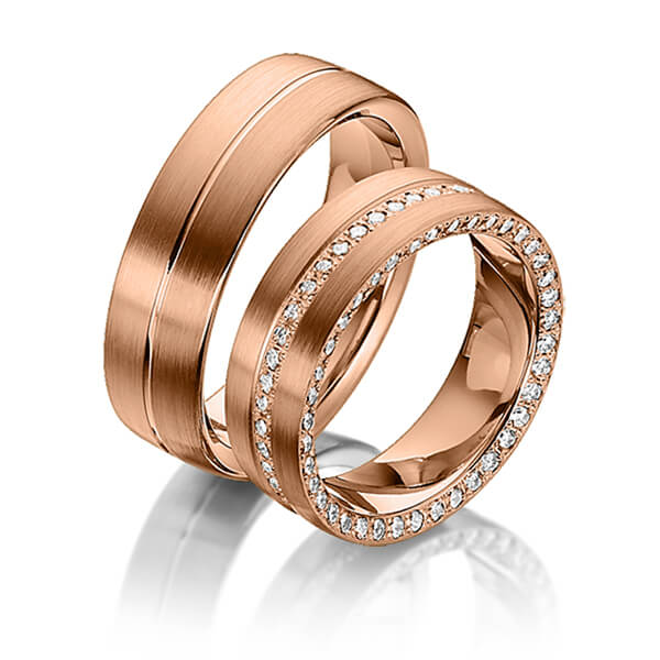 Set Klassieke Memoire-trouwringen in roodgoud 14 kt. volledig gezet met in totaal 0,87 ct. Briljant tw/si van Steinberg