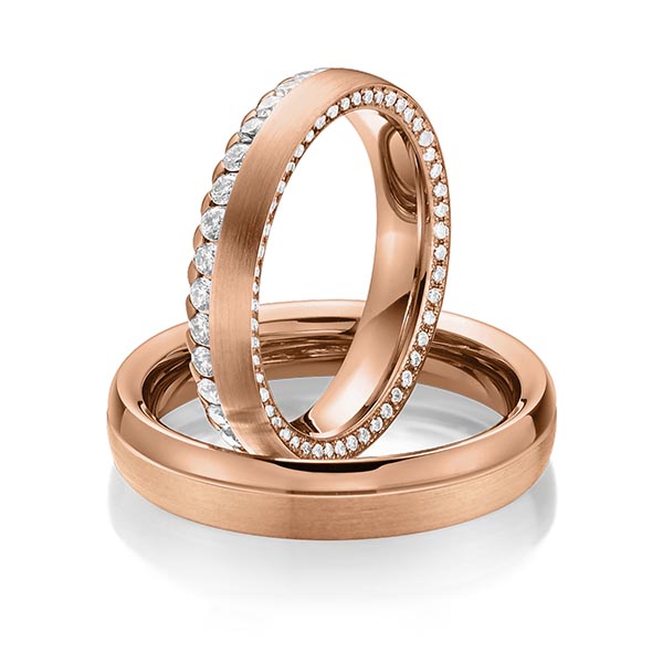 Set Klassieke Memoire-trouwringen in roodgoud 14 kt. volledig gezet met in totaal 1,11 ct. Briljant tw/si van Steinberg