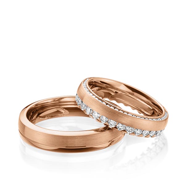 Set Klassieke Memoire-trouwringen in roodgoud 14 kt. volledig gezet met in totaal 1,265 ct. Briljant tw/si van Steinberg