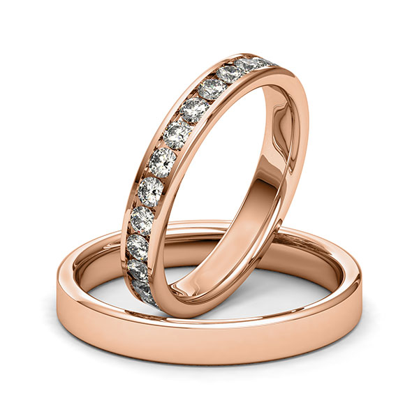 Set klassieke Memoire-trouwringen in roodgoud 14 kt. volledig gezet met in totaal 1,3 ct. Briljant tw/si van Merii