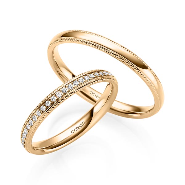 Set Klassieke Memoire-trouwringen in roségoud 14 kt. half gezet met in totaal 0,135 ct. Briljant tw/si van acredo