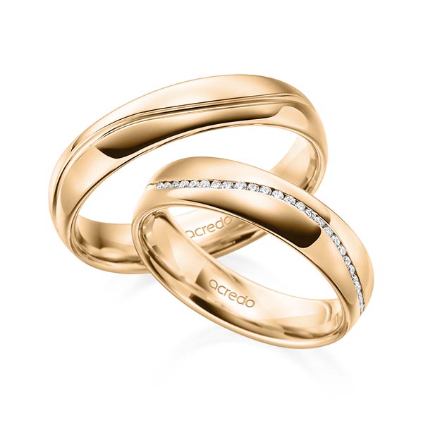 Set Klassieke Memoire-trouwringen in roségoud 14 kt. half gezet met in totaal 0,14 ct. Briljant tw/si van acredo