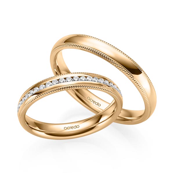 Set Klassieke Memoire-trouwringen in roségoud 14 kt. half gezet met in totaal 0,192 ct. Briljant tw/si van acredo