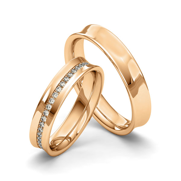 Set klassieke Memoire-trouwringen in roségoud 14 kt. half gezet met in totaal 0,22 ct. Briljant tw/si van Merii - M-1259-4 Set klassieke Memoire-trouwringen in roségoud 14 kt. half gezet met in totaal 0,22 ct. Briljant tw/si van Merii - M-1259-4