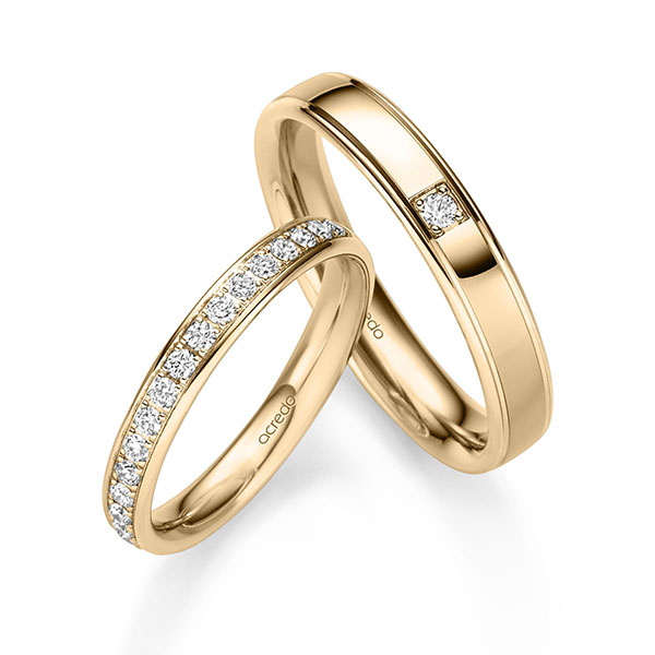 Set Klassieke Memoire-trouwringen in roségoud 14 kt. half gezet met in totaal 0,3 ct. Briljant tw/si van acredo