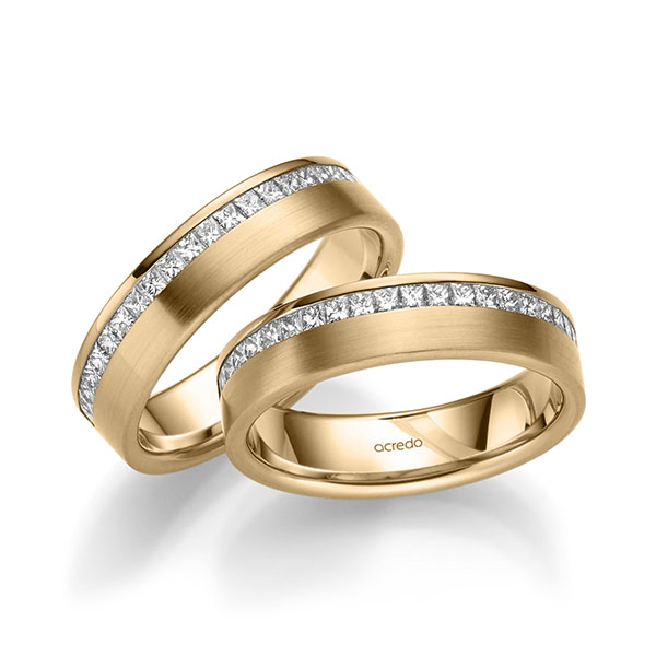 Set klassieke Memoire-trouwringen in roségoud 14 kt. half gezet met in totaal 1,08 ct. Princess-Diamant tw/si van acredo