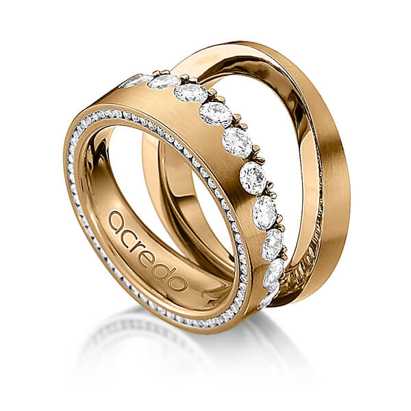 Set klassieke Memoire-trouwringen in roségoud 14 kt. half gezet met in totaal 1,385 ct. Briljant tw/si van acredo