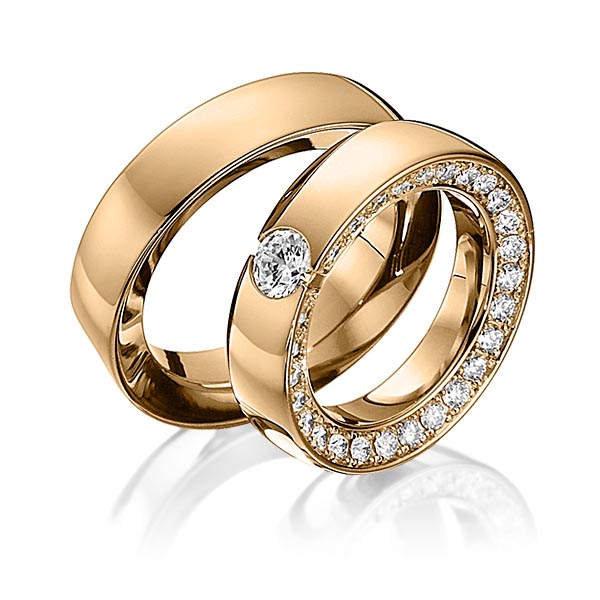 Set klassieke Memoire-trouwringen in roségoud 14 kt. volledig gezet met 0,5 ct. + in totaal 0,93 ct. Briljant tw,vs van Eternal Touch