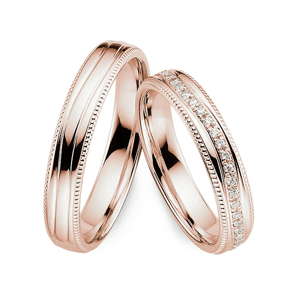 Set Klassieke Memoire-trouwringen in roségoud 14 kt. volledig gezet met in totaal 0,27 ct. Briljant tw/si van Merii