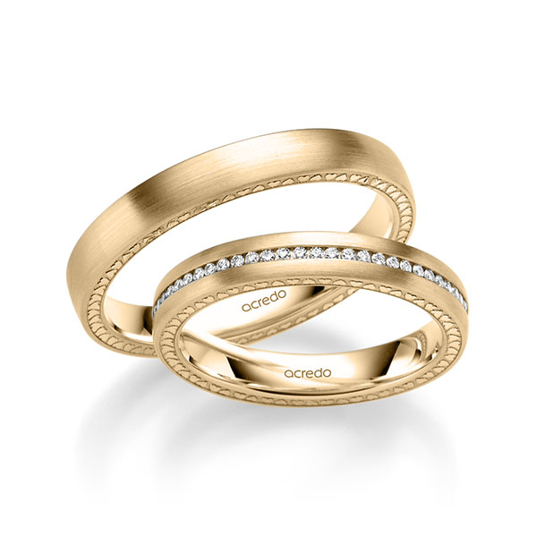 Set Klassieke Memoire-trouwringen in roségoud 14 kt. volledig gezet met in totaal 0,295 ct. Briljant tw/si van acredo