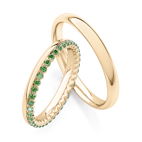 Set Klassieke Memoire-trouwringen in roségoud 14 kt. volledig gezet met in totaal 0,35 ct. Apple Green van Steinberg
