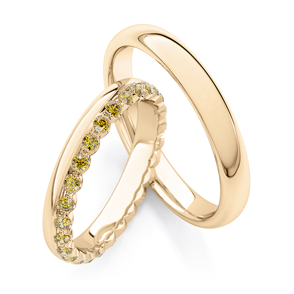 Set Klassieke Memoire-trouwringen in roségoud 14 kt. volledig gezet met in totaal 0,54 ct. Geel van Steinberg