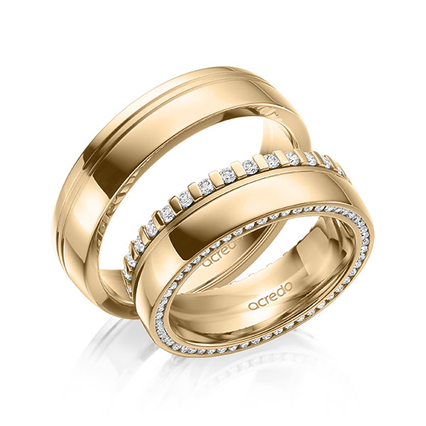Set Klassieke Memoire-trouwringen in roségoud 14 kt. volledig gezet met in totaal 0,75 ct. Briljant tw/si van acredo