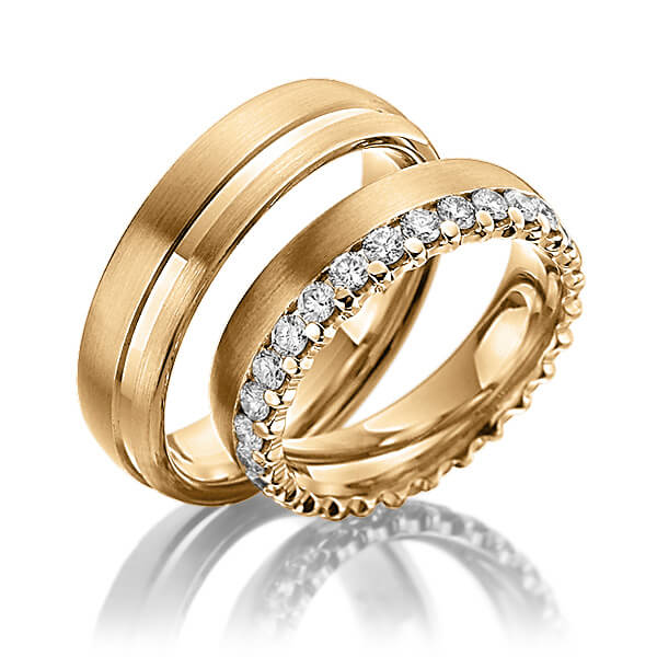 Set Klassieke Memoire-trouwringen in roségoud 14 kt. volledig gezet met in totaal 1,3 ct. Briljant tw/si van Steinberg