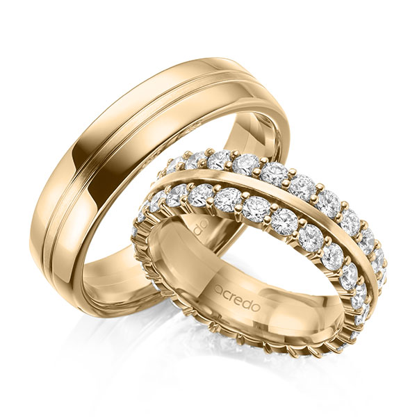 Set Klassieke Memoire-trouwringen in roségoud 14 kt. volledig gezet met in totaal 2,5 ct. tw/si van acredo Set Klassieke Memoire-trouwringen in roségoud 14 kt. volledig gezet met in totaal 2,5 ct. tw/si van acredo