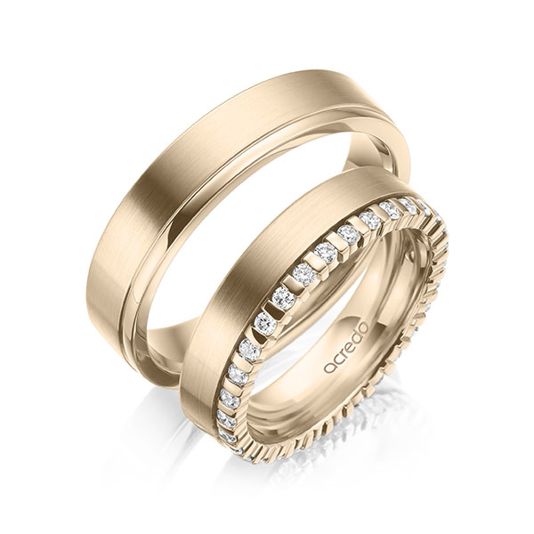 Set Klassieke Memoire-trouwringen in Signature Gold 585 volledig gezet met in totaal 0,465 ct. tw/si van acredo - A-2105-11 Set Klassieke Memoire-trouwringen in Signature Gold 585 volledig gezet met in totaal 0,465 ct. tw/si van acredo - A-2105-11