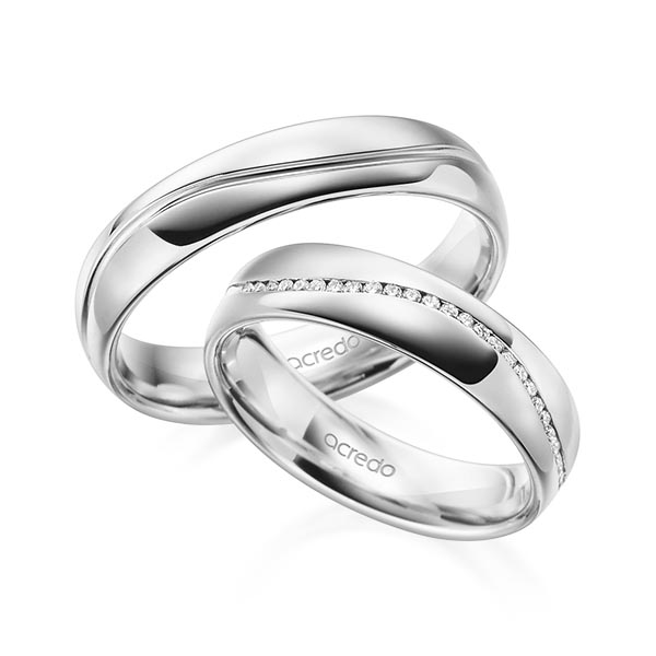 Set Klassieke Memoire-trouwringen in witgoud 14 kt. half gezet met in totaal 0,14 ct. Briljant tw/si van acredo