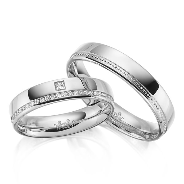 Set klassieke Memoire-trouwringen in witgoud 14 kt. half gezet met in totaal 0,17 ct. Briljant & Princess-Diamant tw/si van Steinberg